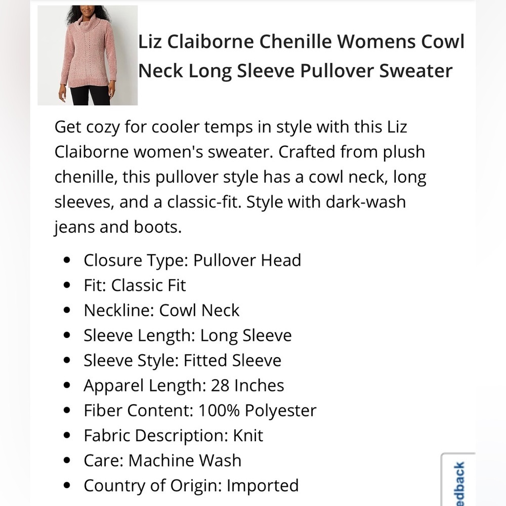 NWOT Liz Claiborne Chenille Womens Cowl Neck Long Sleeve Pullover Sweater Small - Picture 4 of 9